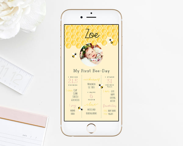 Bee Day First Birthday Announcement Template, Bumble Bee Birthday Text Message, Honeycomb Birthday Milestone IG Story, Templett