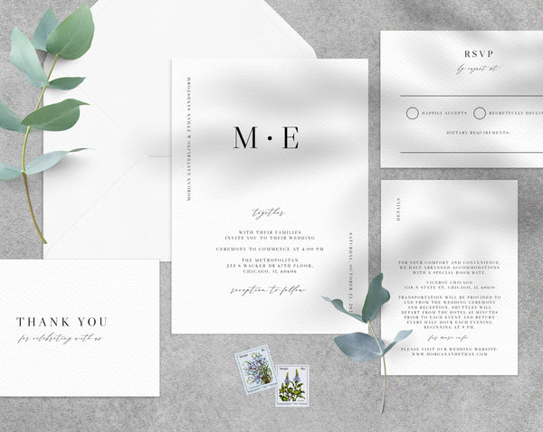Wedding Invitation Template, Printable Wedding Invitation Suite, Simple Minimalist Wedding Invitation Set, Templett, W52