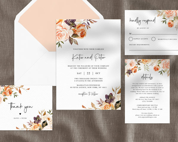 Rustic & Nude Floral Wedding Invitation Template, Printable Wedding Invitation Suite, Golden Peach Wedding Invitation Set, Templett, W51
