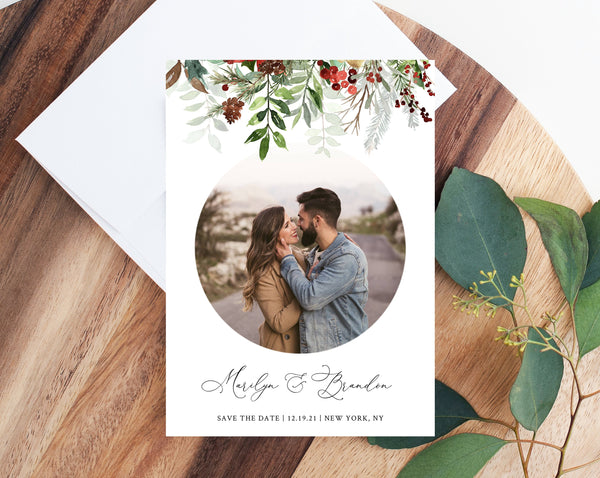 Winter Wedding Photo Save the Date Template, Christmas Wedding Save the Date With Picture, Winter Greenery Photo Card, Templett, W46