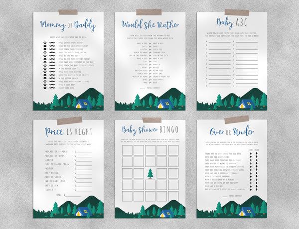 Adventure Awaits Baby Shower Game Templates Bundle, Camping Baby Shower Games Instant Download, Templett, B06