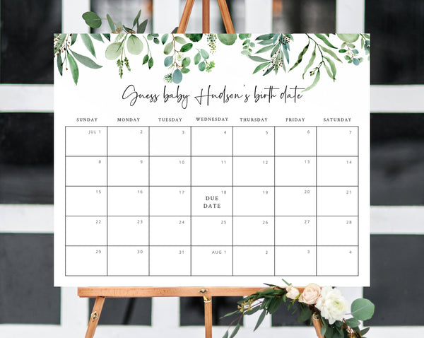 Greenery Due Date Calendar Template, Baby Due Date Game, Printable Baby Birthday Predictions, Guess The Due Date, Templett, B48
