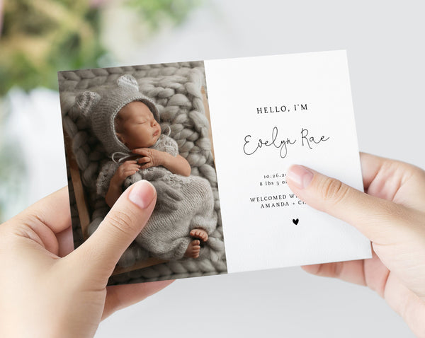 Photo Birth Announcement Card Template, Printable Introducing Newborn Baby Cards Digital File, 5x7 Photo Card Instant Download, Templett