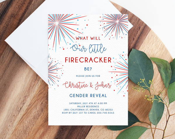 4th of July Gender Reveal Invitation Template, Printable Little Firecracker Gender Reveal Invitation, Independence Day Fireworks, Templett