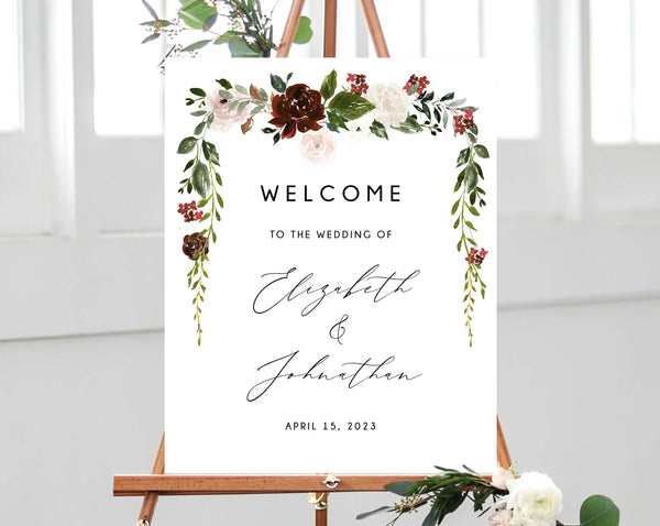 Burgundy Boho Chic Wedding Welcome Sign Template, Burgundy Welcome to the Wedding Printable, Welcome Board, Instant Download, Templett, W54