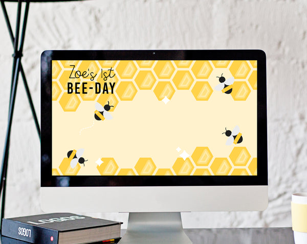 Bee Zoom Virtual Background Template, Zoom Bee-Day Birthday Virtual Background, Live Video Chat, Instant Download, Templett