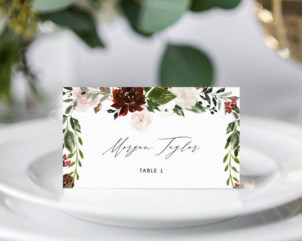 Burgundy Wedding Place Cards Template, Seating Card, Boho Chic Wedding Escort Cards, Printable Tent Cards, Instant Download, Templett, W54