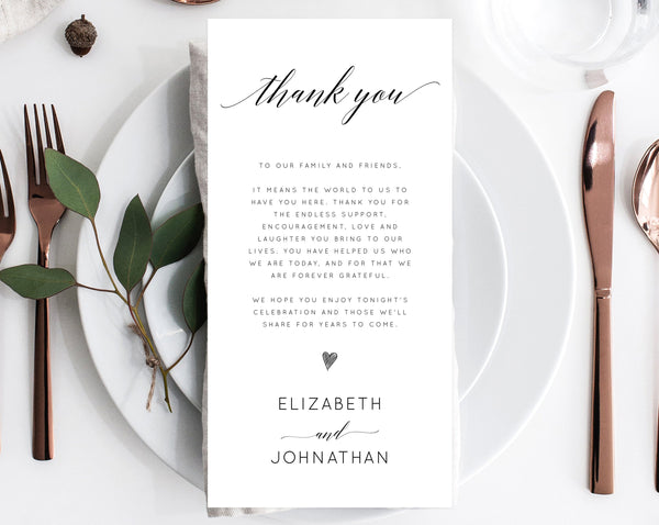 Thank You Place Card For Wedding Template, Printable  Thank You Note Seating Card, Wedding Place Cards, Instant Download, Templett, W02