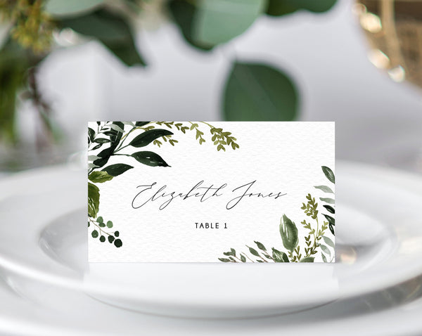 Greenery Wedding Place Cards Template, Seating Card, Boho Chic Wedding Escort Cards, Printable Tent Cards, Instant Download, Templett, W54B