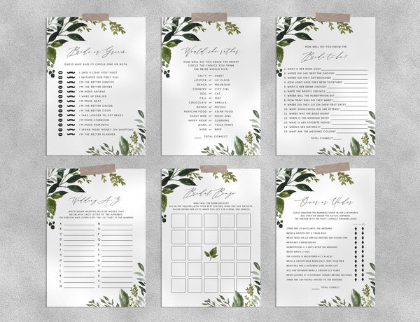 Bridal Shower Game Templates Bundle, Greenery Bridal Shower Games Instant Download, Engagement Party, Wedding Shower, Templett, W54B