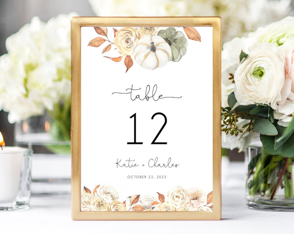Fall Wedding Table Number Template, Printable Warm Rustic Floral Wedding Table Numbers, Pumpkin Wedding Centerpiece, Templett, W55