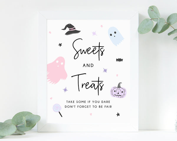 Pastel Halloween Party Sweets and Treats Sign, Printable Halloween Birthday Decoration, Candy Bar Sign, Trick or Treat, Templett, B24