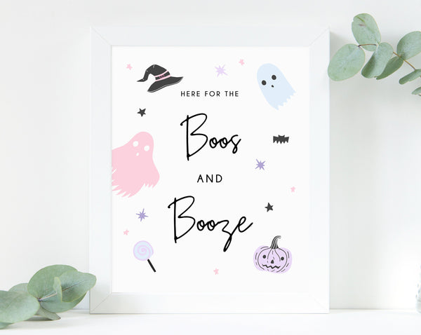 Pastel Halloween Party Boos and Booze Sign, Printable Halloween Birthday Decoration, Drinks Sign, Bar, Cocktails, Templett, B24