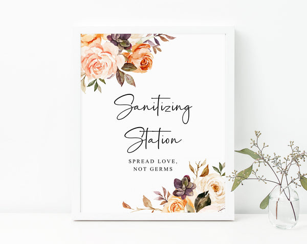 Fall Floral Wedding Sanitizing Station Sign, Printable Thanksgiving Party COVID Safety Guidelines Sign, Sanitizer Sign, Templett, W51