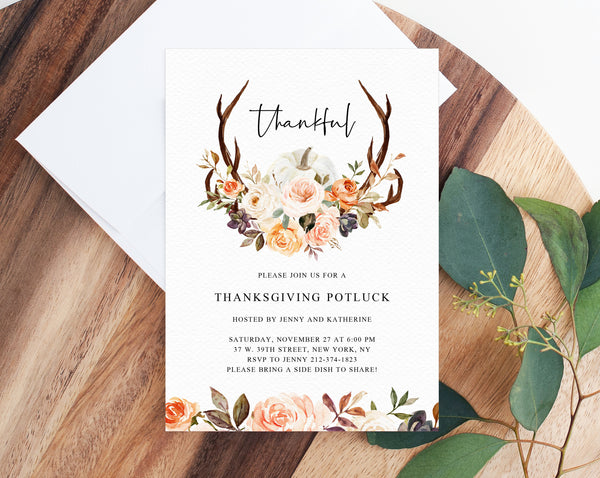 Thanksgiving Invitation Template, Printable Friendsgiving Potluck Invite, Editable Thanksgiving, Friendsgiving Dinner, Templett, W51