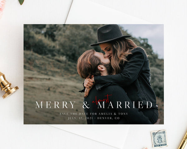 Almost Married Christmas Photo Card Template, Printable Merry & Almost Married Wedding Christmas Card, Instant Download, Templett