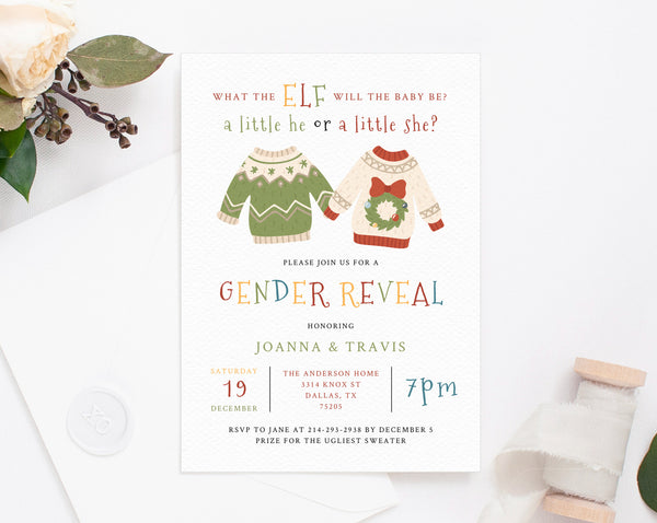 Christmas Gender Reveal Invitation Template, Ugly Sweater Gender Reveal Printable, He or She, Instant Download Gender Reveal, Templett