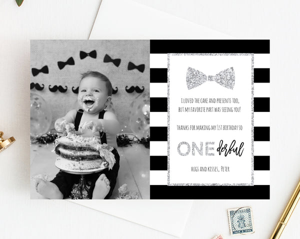 Silver Mr. Onederful Thank You Card Template, Thank You Photo Card, Mister One-derful Birthday Card, First Birthday, Templett, B02B