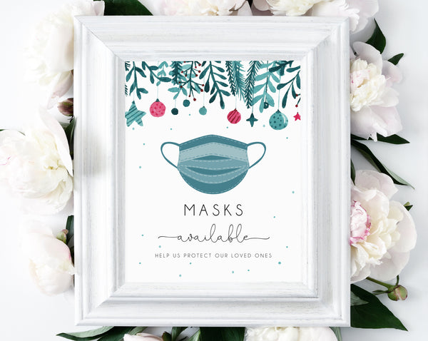 Christmas Party Masks Available Sign, Winter Baby Shower COVID Safety Sign Printable, Holiday Party Masks Sign, Instant Download, Templett