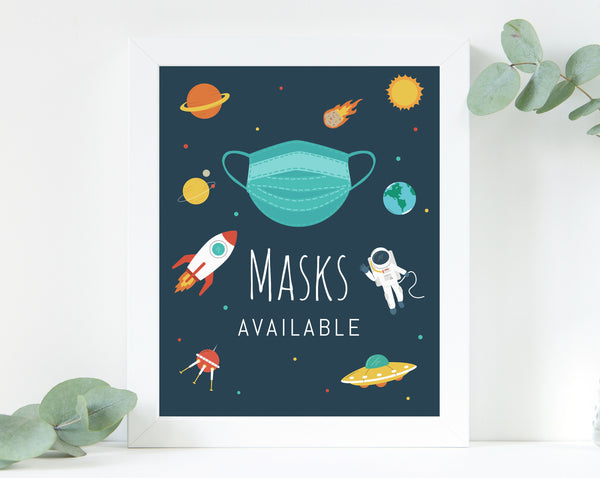 Space Birthday Masks Available Sign, Printable Astronaut Birthday COVID Safety Guidelines Sign, Galaxy Themed Masks Sign, Templett