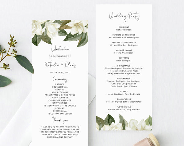 Magnolia Wedding Program Template, Printable Wedding Program, White Floral Wedding Program, Editable Ceremony Programs, Templett, W35