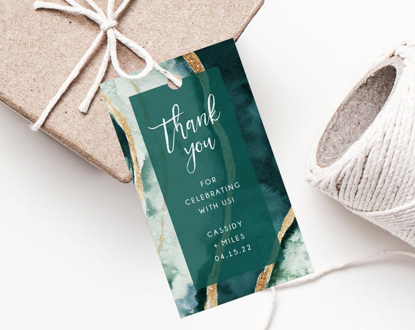 Forest Green & Gold Favor Tag Template, Wedding Favor Tags, Teal Green Agate Wedding Gift Tag, Thank You Label Printable, Templett, W57