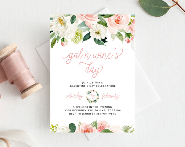 Galentine&#39;s Day Invite Template, Printable Gal N Wine&#39;s Party Invitation, Girl Friends Valentine&#39;s Day Party, Instant Download,  Templett