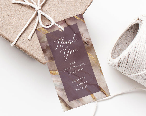 Purple & Gold Favor Tag Template, Wedding Favor Tags, Dark Purple Agate Wedding Gift Tag, Thank You Label Printable, Templett, W58