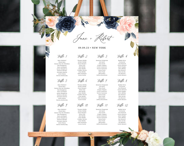 Navy and Blush Wedding Seating Chart, Navy Seating Chart Printable, Seating Chart Template, Seating Board, Templett, Instant Download, W34