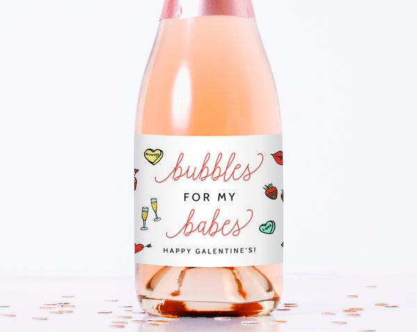 Galentine&#39;s Mini Champagne Bottle Label Template, Bubbles For My Babes Mini Champagne Sticker, Editable Label Template, Templett