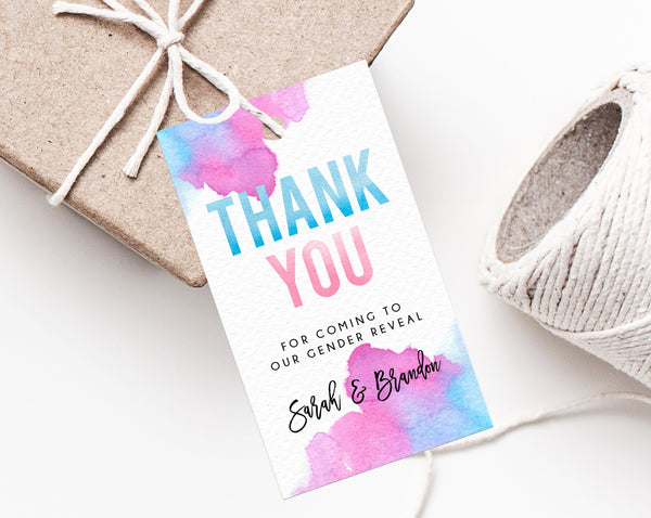 Watercolor Gender Reveal Favor Tag Template, Thank You Tags, Blue or Pink Gift Tag, Baby Shower Favor Label Printable, Instant Download, B14