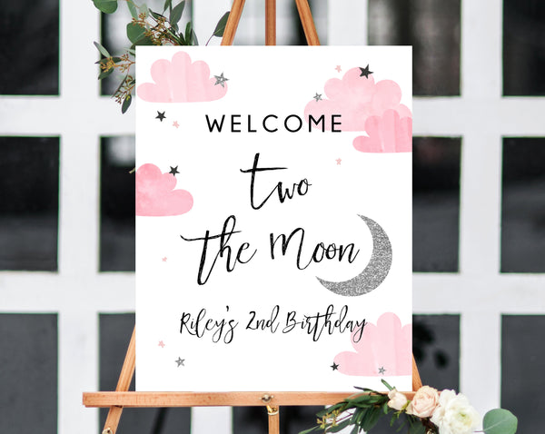 Two The Moon Welcome Sign Template, Printable Moon Themed Party Welcome Sign, Pink Birthday Signs, Editable, Templett