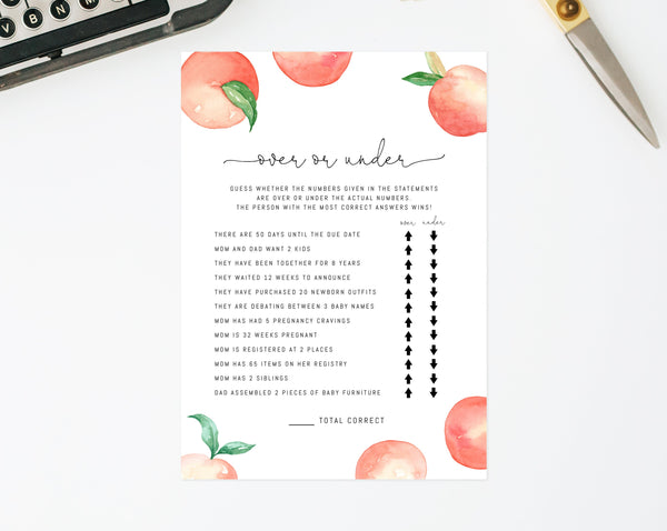 Peach Over Or Under Game Template, Printable Peach Themed Baby Shower Game, Peach Pregnancy Game, Templett, B15