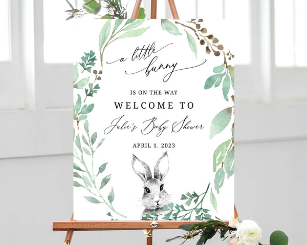 Bunny Welcome Sign Template, Spring Greenery Baby Shower Printable, Baby Shower Sign, Baby Shower Welcome Sign, Templett, B39