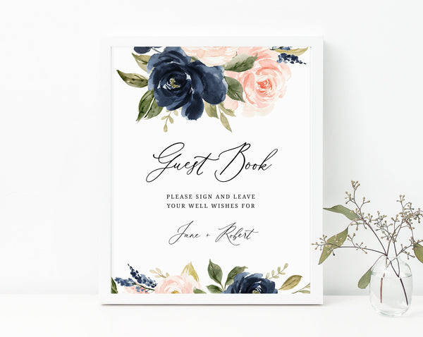 Navy and Blush Wedding Guest Book Sign, Blush and Navy Wedding Guestbook Sign Printable, Instant Download, Templett, W34