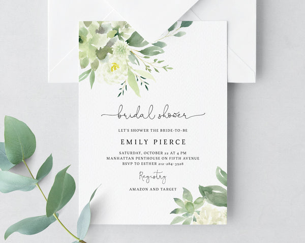 succulent bridal shower invites Succulent Greenery Bridal Shower Invitation Template, Greenery and Succulent Bridal Shower Brunch Invitation, Templett, W40
