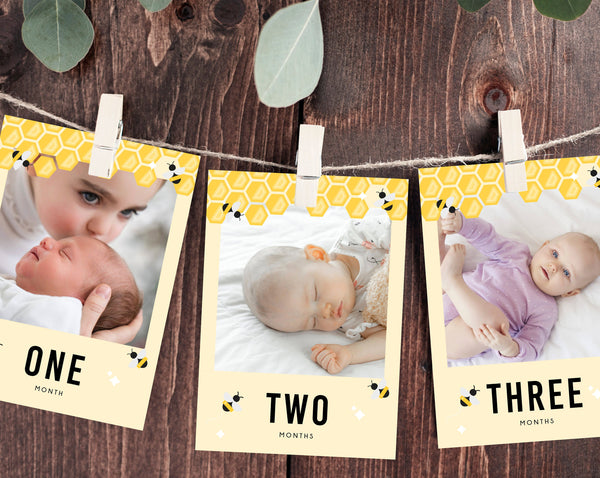 First Year Photos Banner Template, Printable First Birthday Monthly Photo Banner, 12 Months Photos, Bee Day, Instant Download Templett