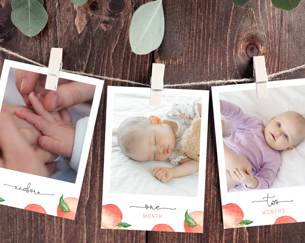 First Year Photos Banner Template, Printable Peach First Birthday Monthly Photo Banner, 12 Months Photos, Instant Download Templett, B15