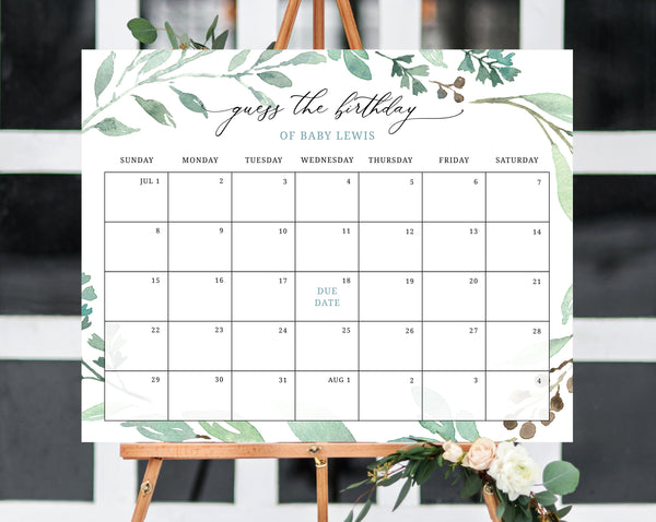 Greenery Due Date Calendar Template, Baby Shower Calendar, Baby Due Date Game, Printable Baby Birthday Predictions, Templett, B39