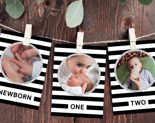 First Year Photos Banner Template, Printable First Birthday Monthly Photo Banner, 12 Months Photos, Mr. Onederful, Templett, B02B