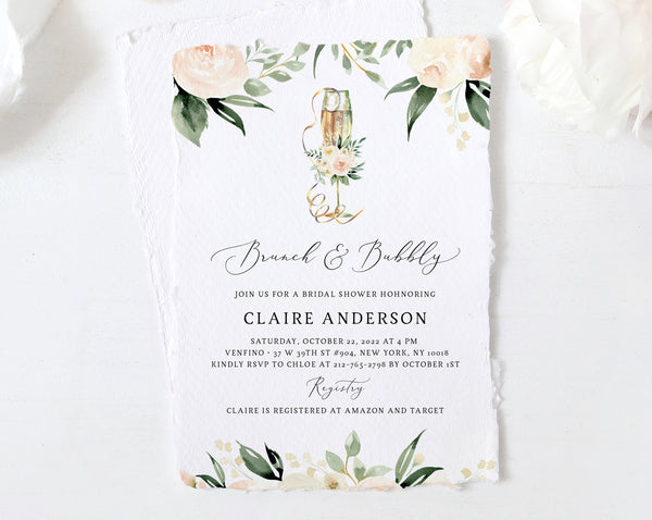 Brunch and Bubbly Bridal Shower Invitation Template, Printable Bridal Shower Invite, Peach Floral Bridal Brunch Invite, Templett, W41