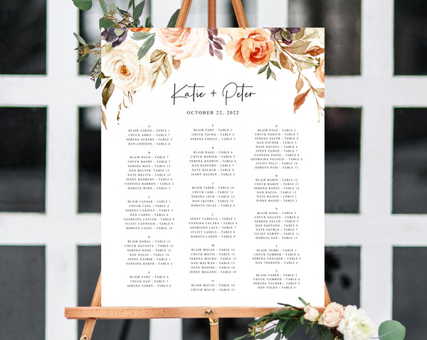 Rustic & Nude Wedding Seating Chart Template, Alphabetical Seating Chart, Fall Floral Wedding Seating Board, Instant Download, Templett, W51