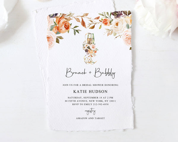 Brunch & Bubbly Bridal Shower Invitation Template, Nude Floral Bridal Shower Brunch Invitation, Bridal Brunch Template, Templett, W29