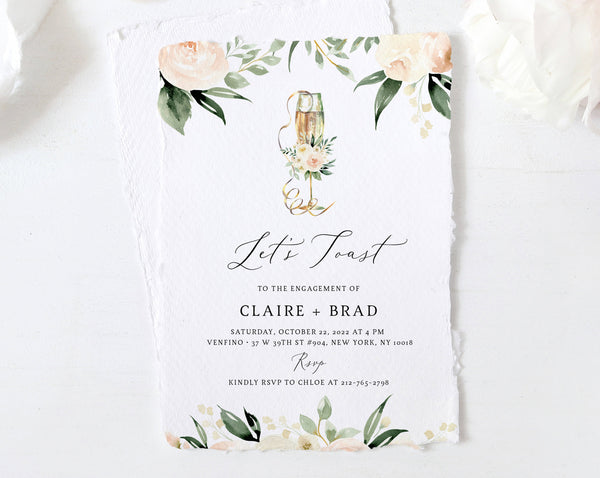Floral Engagement Party Invitation Template, Printable Champagne Engagement Invitation, Editable Template, Templett, W41