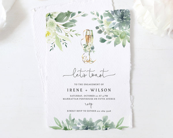 Succulent Greenery Engagement Party Invitation Template, Printable Champagne Engagement Invitation, Editable Template, Templett, W40