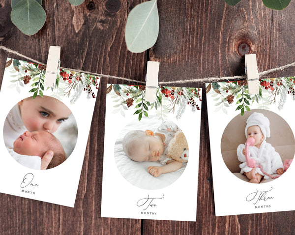 First Year Photos Banner Template, Printable First Birthday Monthly Photo Banner, 12 Months Photos, Christmas, Templett, B46