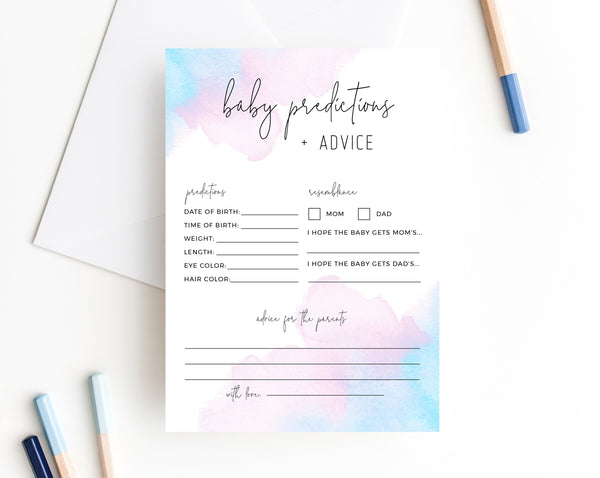 Watercolor Baby Predictions and Advice Template, Printable Advice For Parents To Be, Blue or Pink Baby Shower Game, Templett, B01