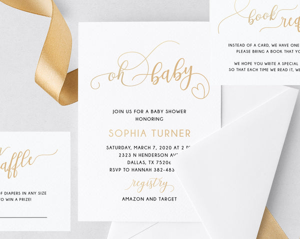 Gold Baby Shower Invitation Template, Printable Baby Shower Invitation, Gold Heart Baby Shower Invite, Instant Download, Templett, B53