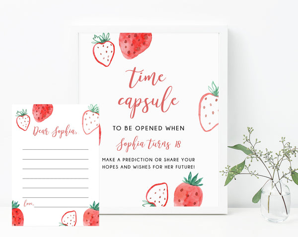 Berry Time Capsule Sign Template, Printable Strawberry Themed Time Capsule, Editable First Birthday Time Capsule Notes, Templett, B49