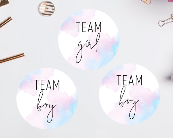 Gender Reveal Stickers Template, Team Girl Team Boy Stickers Printable, Watercolor Gender Reveal Party, Instant Download, B01